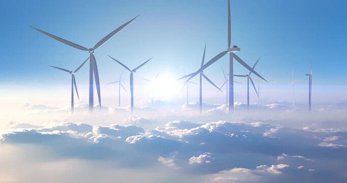 Clean renewable wind energy concept with turbines floating above cloud level. Sustainable clean energy related 3d animation.