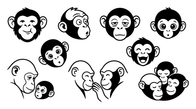 set of black and white monkey faces showing diverse emotions and interactions, monkey head icons, chimpanzee expressions, wildlife vector