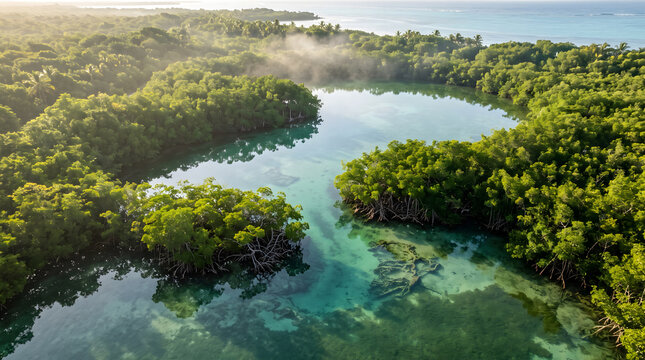 Emerald Sanctuary: Aerial View of Hidden Mangrove Lagoon at Sunrise in Cancun