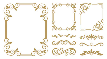 Fototapeta premium Set of elegant gold floral frames and decorative dividers, vintage flourishes and swirls for wedding invitation, certificate border, stationery