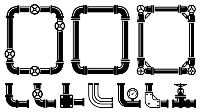 Set of industrial pipe frames and plumbing elements, mechanical border collection with valves and connectors for engineering layouts