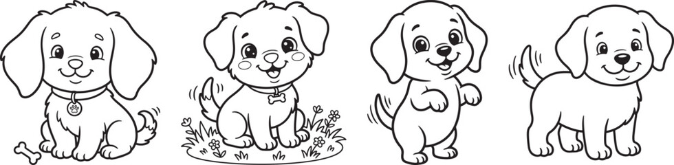 Fototapeta premium Four Adorable Cartoon Puppies in Playful Black and White Line Art Style Sitting and Standing Positions with Simple Backgrounds