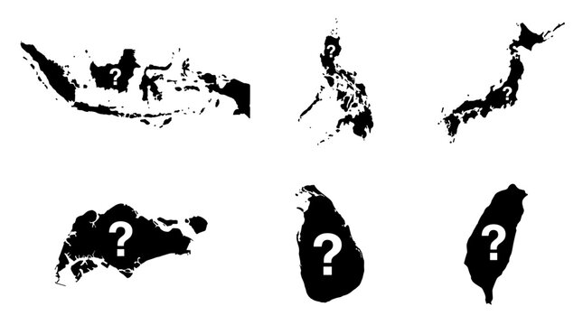 Set of black silhouette geographical maps with overlaid question mark symbols representing unknown territories, mystery, travel inquiry, geography
