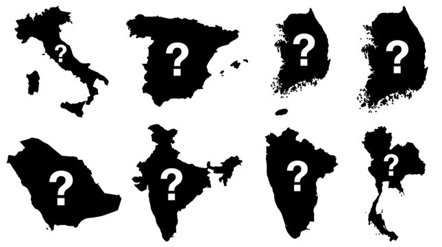 Set of black silhouette country maps with white question mark overlay, representing unknown geography, travel uncertainty, global research and