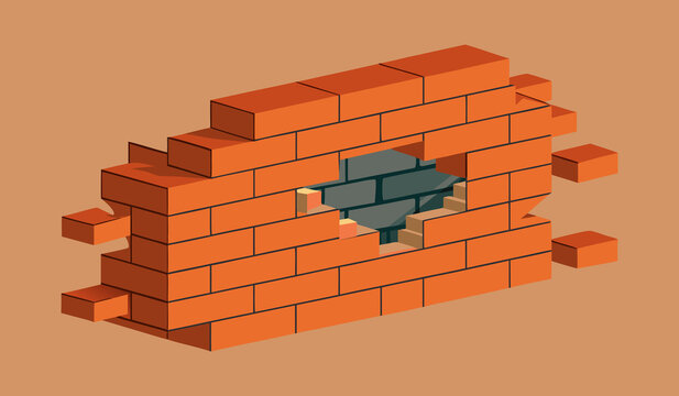 Isometric red brick wall with hole, broken masonry structure, 3D clay bricks on brown background, construction concept