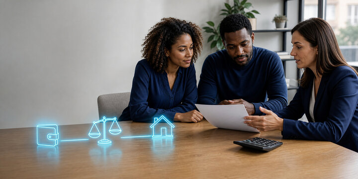 Couple reviewing mortgage budget with advisor