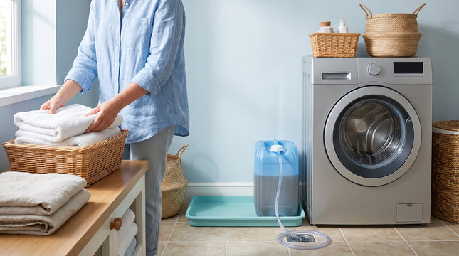 Household laundry room with a rinse water collection tank