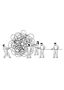 Teamwork concept, problem solving and untangling rope in a business collaboration finding solution to a tangled line black and white line drawing illustration with top copy spaces.