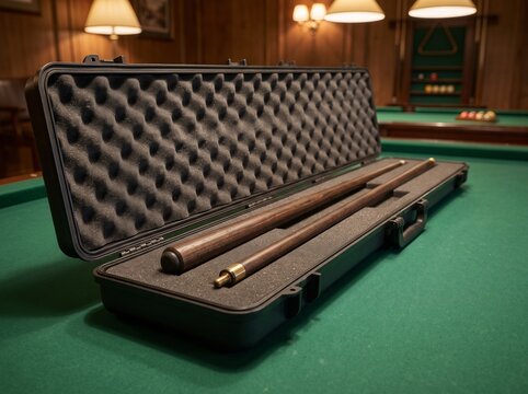 Professional wooden pool cue dismantled into two pieces lying in protective foam padded hard carrying case on green felt billiard table in club room