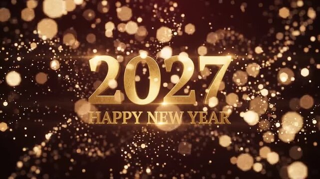 Golden 2027 Happy New Year text with glowing bokeh and sparkling particles animation