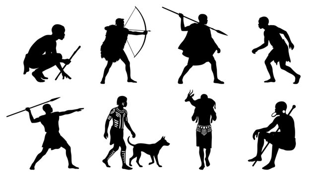 Set of silhouettes showing african tribal people hunting, aiming with bow and spear, nomad culture, traditional lifestyle, primitive human survival