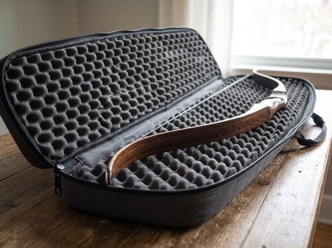 Wooden recurve bow lying in padded foam protective hard case on wooden table for archer equipment storage and transportation of archery sport gear