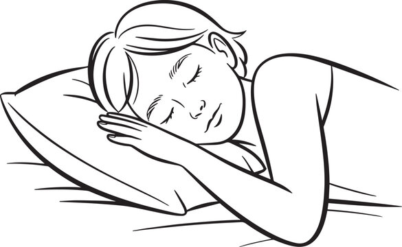A simple black and white line drawing of a peaceful person sleeping comfortably on a soft pillow