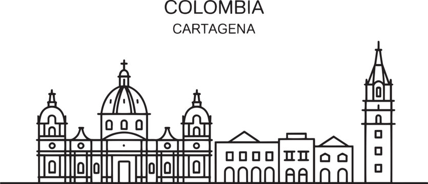 Minimalist line art illustration of the cartagena colombia city skyline featuring historical colonial architecture and landmarks
