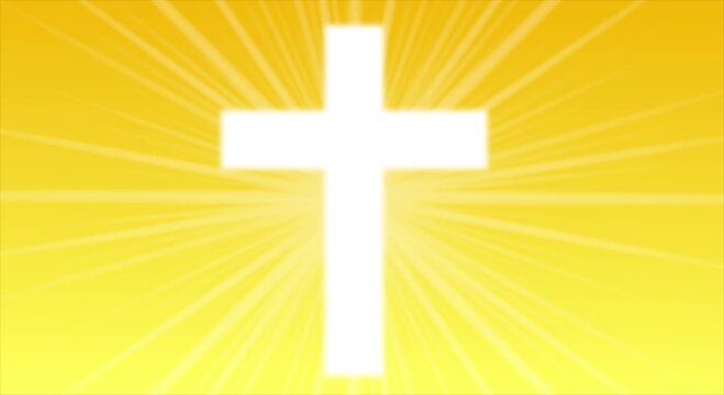 A golden cross silhouette stands on as sun rays shine through in a peaceful sunset sky. simple motion