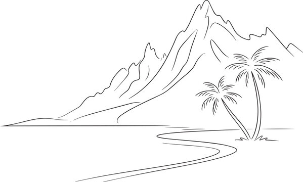 A simple black and white line art drawing of a tropical island with palm trees and mountains