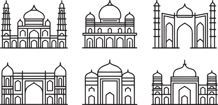 A collection of hand drawn line art style illustrations of historical monuments and landmarks in ahmedabad india