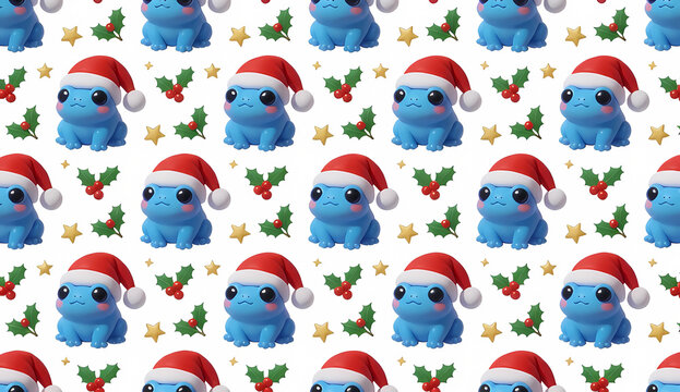 Christmas background banner with cute pattern of tiny blue cartoon frogs wearing Santa hats, holly berries and stars isolated on white.