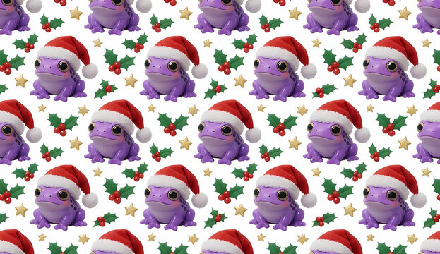 Christmas background banner with whimsical pattern of mini purple frogs wearing Santa hats, holly berries and gold stars isolated on white.