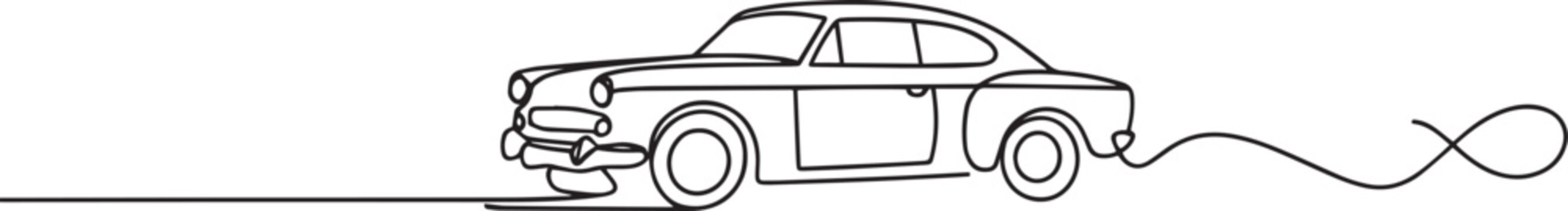 Continuous single line drawing of a classic convertible car driving on a road with smoke exhaust