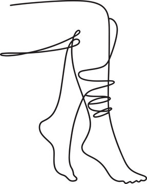 Minimalist continuous line drawing of female legs with decorative wrapping or ribbons on a clean white background