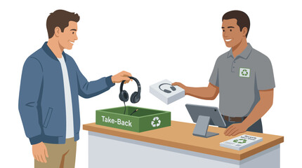 Fototapeta premium Flat vector illustration of a customer returning electronic waste at a retail take-back recycling station with staff assistance