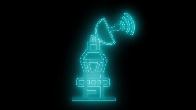 Glowing satellite dish icon on black background animation