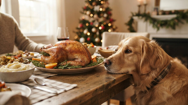 Golden retriever dog resting head on dining table staring longingly at a roasted holiday turkey during family Christmas dinner celebration.
