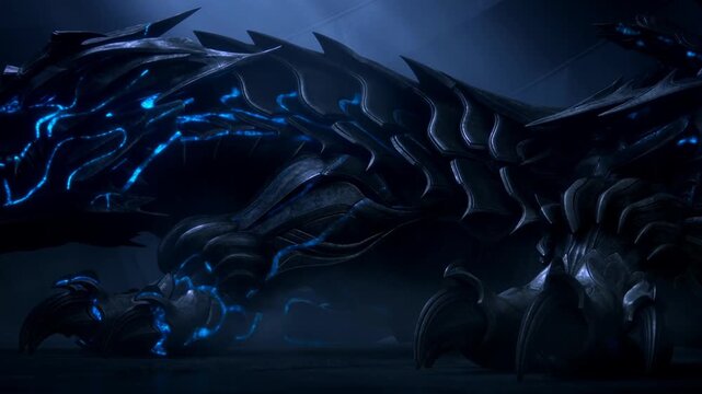 Panning slow motion tracking shot of massive mechanical dragon crawling across dim industrial hangar interior