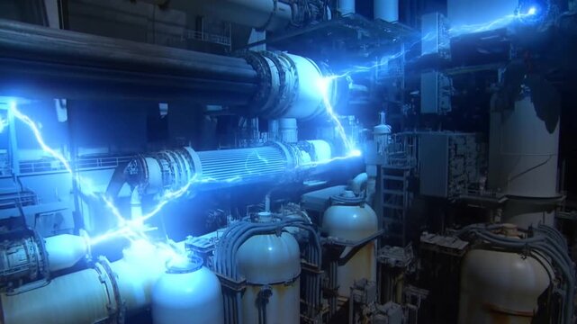 Slow motion tracking shot of electrical arc jumping between industrial transformers and conductors inside power station interior