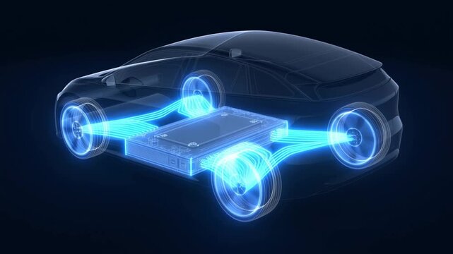 Tracking shot of electric vehicle battery powering wheels inside transparent car model in dark studio
