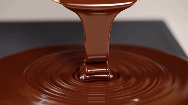 Slow motion close up of melted chocolate pouring and forming concentric ripples on glossy surface in studio kitchen setting