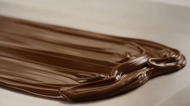 Slow motion tracking pan close up of melted chocolate ganache being spread and smoothed on stainless steel countertop in kitchen