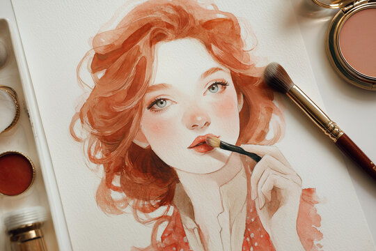 Watercolor portrait of red haired woman applying lipstick with makeup brush, surrounded by cosmetics on white paper for beauty, fashion and creative design