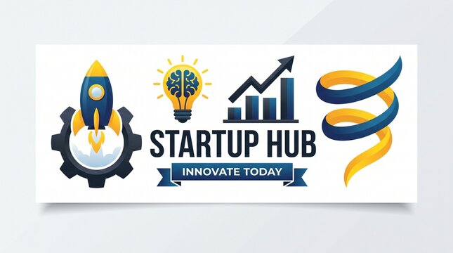 Startup hub banner displays icons symbolizing innovation, growth,.