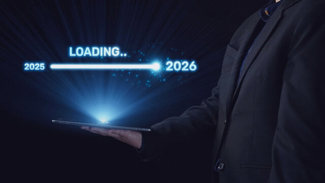 Visualizing the shift from 2025 to 2026. Progress bar symbolizing advancement, strategic foresight, yearly goal-setting, and business transformation for the upcoming year. Elide