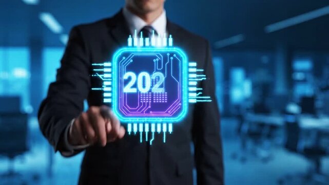 Businessman touches digital globe morphing into 2027 microchip and network icons