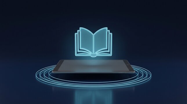 A glowing digital book icon floating above a modern laptop screen representing online learning and virtual library research concepts