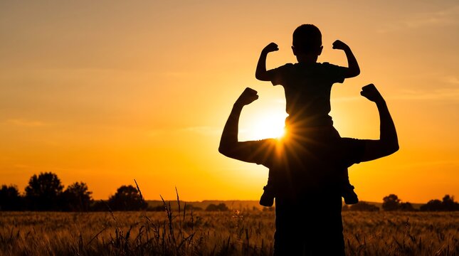 Silhouette of a father carrying his young son on shoulders while flexing muscles at sunset with muscles against bright