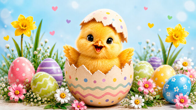 Cute fluffy yellow chick hatching from decorated Easter egg surrounded by spring flowers and painted eggs. Happy Easter greeting card concept for holiday celebration