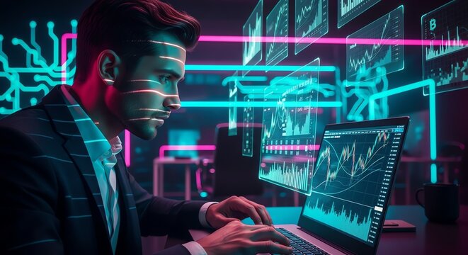 Futuristic Finance Businessman Analyzes Data in Neon Digital World