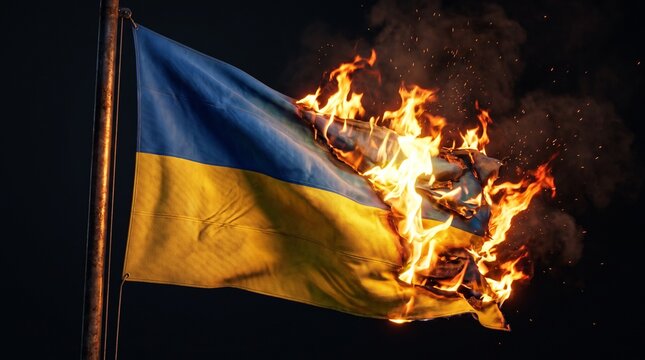 Ukraine's national flag is consumed by intense fire against a somber.