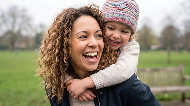 A smiling mother giving her young daughter a piggyback ride in a green public park area with laugh together outdoor