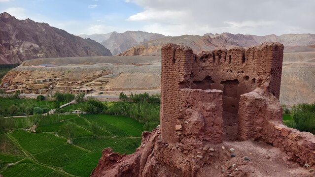 Shahr-e Zuhak or The Red City. Historic city ruins in Bamyan, Afghanistan. Ancient mudbrick fortress ruins