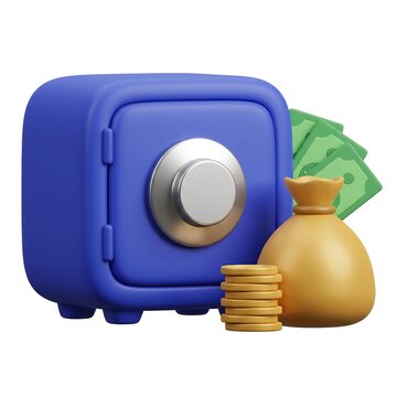 3D Blue security safe box with money bag gold coins and green cash banknotes white background banknotes