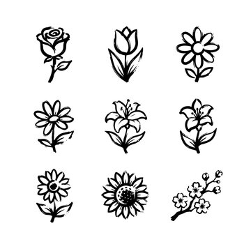 Flower icon set on brush effect style outline