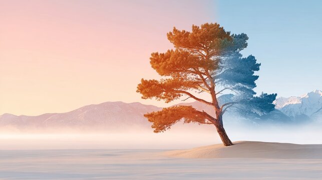 The image is divided by a central line. The left half is a warm pink and orange twilight atmosphere, while the right half is a cool blue and green dawn atmosphere. 