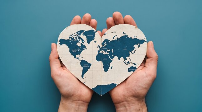 Hands holding a world map cut into a heart shape against a blue background with heart with heart