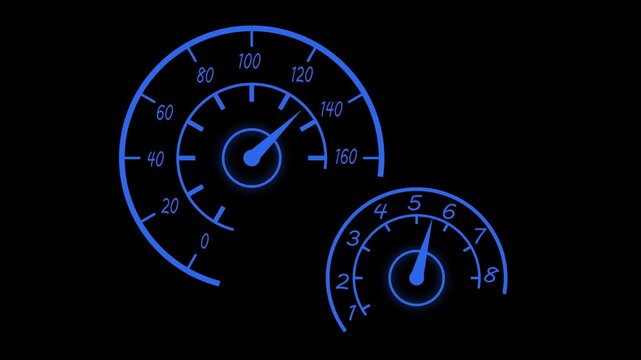 Speedometer and tachometer gauge dials showing motion speed and automotive control animation