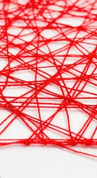 A detailed web of bright red yarn forms a complex geometric pattern against a clean white surface, showcasing delicate fibers and textures, white, filament, geometric
